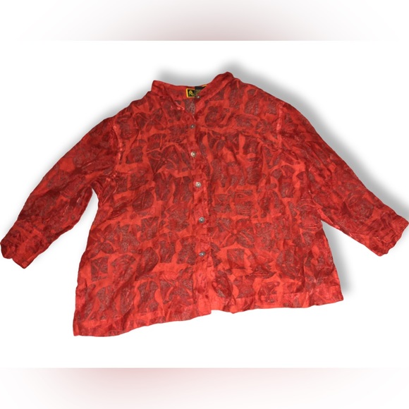 Mirasol Burnt Orange Retro Abstract Floral Pattern Sheer Button Up Blouse - Picture 3 of 10
